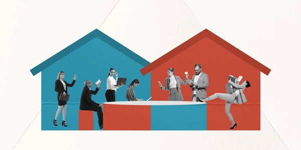 Collage Arte Contemporáneo Diseño Creativo Grupo Personas Empleados Sentados Juntos —  Fotos de Stock