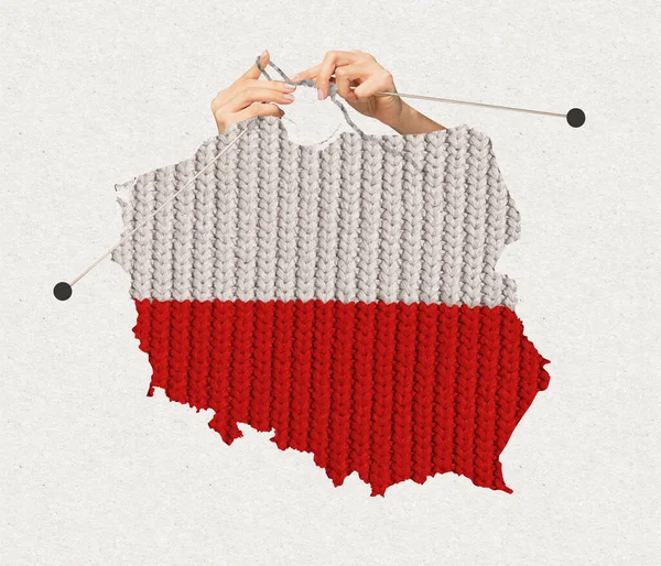 Yaratıcı Kavramsal Tasarım Polonya Haritasının Örülmüş Dokusu Ülkede Isınma Mevsiminin — Stok fotoğraf