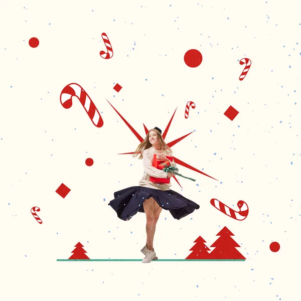 stock image Contemporary artwork. Creative design with cheerful young girl dancing with presents over merry decorations background. Concept of ballet, Christmas, New Year, holiday, celebration. Copy space for ad