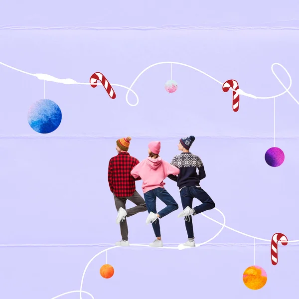 Коллаж Современного Искусства Молодые Веселые Люди Зимней Одежде Танцуют Фиолетовом — стоковое фото
