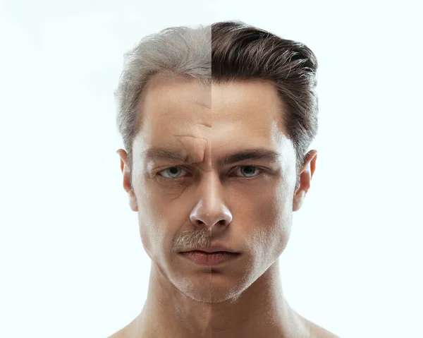 比較の若者と成熟度 高齢者の男の肖像画 肌の老化プロセス 美容整形手術です 概念の前と後 老化と若返りのプロセス — ストック写真