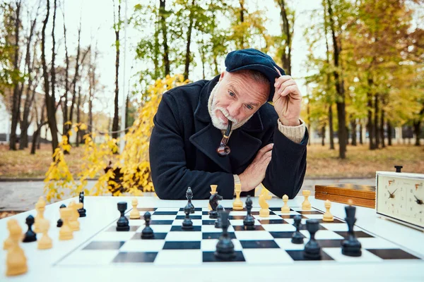 가을에 공원에서 체스와 파이프를 연주하는 노인의 초상화 사려깊은 활동의 스포츠 — 스톡 사진