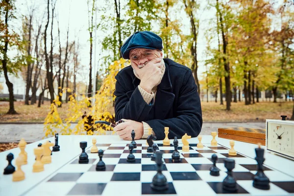 가을에 공원에서 시니어가 체스를 어려운 게임이야 활동의 스포츠 구세대 — 스톡 사진