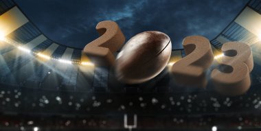 Karanlık gece bulutlu gökyüzü ve spot ışıklarıyla Amerikan futbol topunun karanlık akşam stadyumunda uçuşu. Spor, sanat, enerji, güç kavramı. İlan için poster, tasarım. 2023 Yeni Yıl
