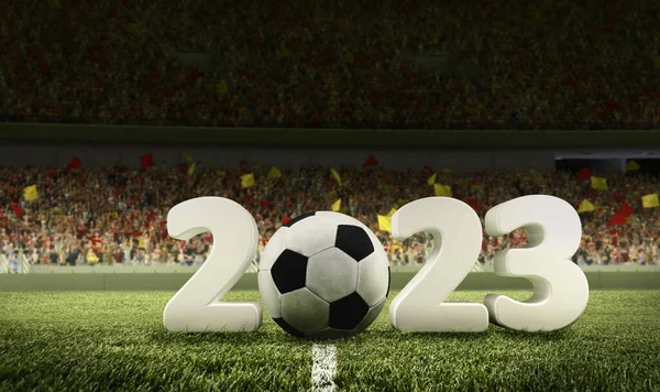 Match Traditional Soccer Ball Grass Football Field Huge Numbers 2023 — Stock Photo, Image