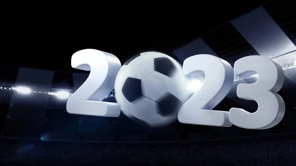 Neues Sportjahr 2023 Flug Des Fußballballs Durch Das Dunkle Abendstadion — Stockfoto