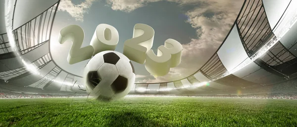 Bola Sepak Bola Melompat Rumput Hijau Lapangan Sepak Bola Stadion — Stok Foto