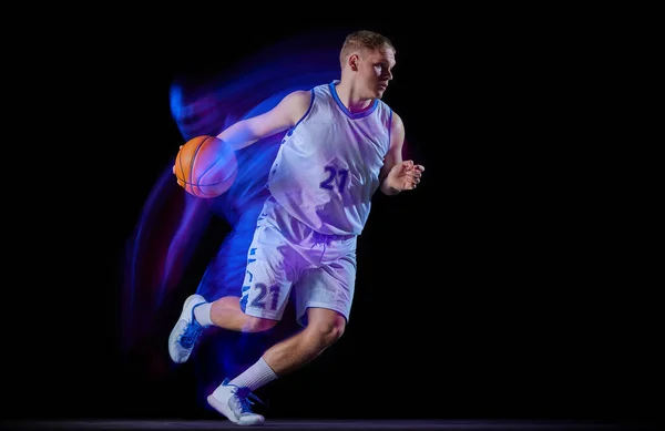 Dribbling Young Man Professional Basketball Player Action Ball Isolated Black — Stock Photo, Image