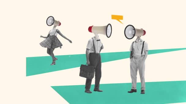 Group People Megaphones Instead Heads Stop Motion Animation Ideas Imagination — Stock Video