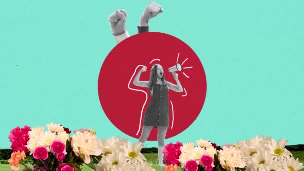 Menina Emocional Nova Roupa Estilo Retro Com Megafone Animação Stop — Vídeo de Stock