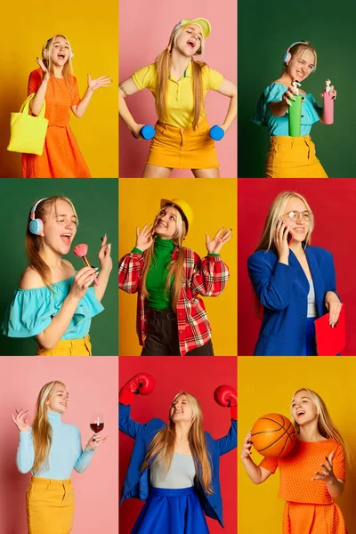 Happiness Delight Fun Concept Collage Made Portraits Young Happy Girl — Stock Photo, Image