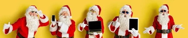 Collage Portraits Excited Santa Clause Modern Gadgets Isolated Yellow Background — Stock Photo, Image
