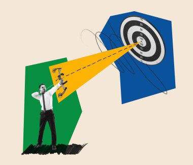 Çağdaş sanat kolajı. Motivasyonlu, hırslı bir çalışanın profesyonel hedefe ulaştığı kavramsal tasarım. İş büyümesi ve terfi. İş kavramı, kariyer gelişimi, meslek