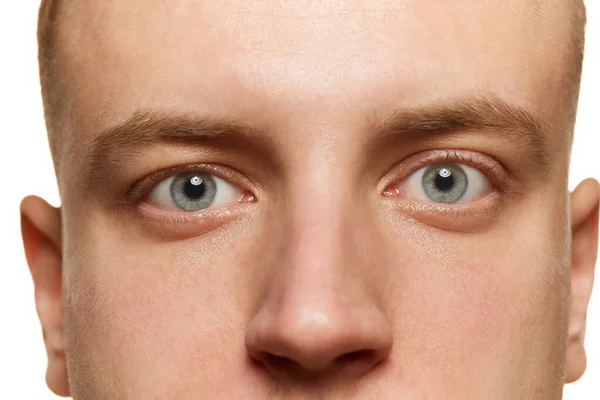 Zbliżenie Portret Mężczyzny Szare Oczy Patrząc Prosto Białym Tle Studio — Zdjęcie stockowe