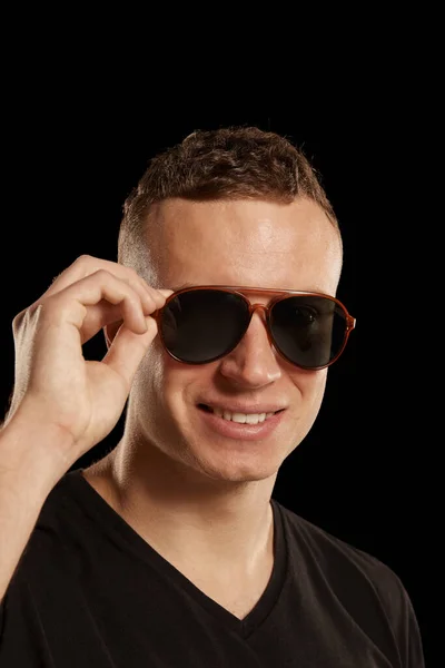 Portrait Young Man Smiling Posing Shirt Sunglasses Isolated Black Studio — Stock Photo, Image