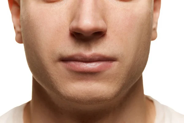 Portret Mężczyzny Bliska Przycięty Obraz Nosa Warg Odizolowanych Białym Tle — Zdjęcie stockowe