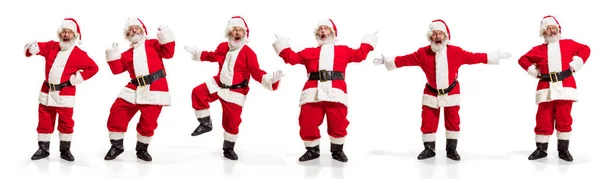 Kollázs Teljes Hosszúságú Portrék Santa Clause Kifejező Pozitív Érzelmek Fehér — Stock Fotó