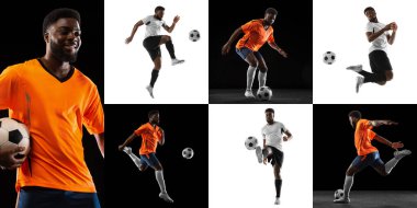 Siyah ve beyaz arka planda hareket eden erkek futbolcuların dinamik portreleriyle kolaj. Spor, şampiyonluk, enerji, takım sporları. Broşür, reklam afişi.