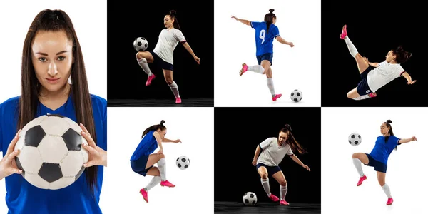 Futbol Takımındaki Profesyonel Bayan Futbolcuların Fotoğraf Seti Beyaz Siyah Arka — Stok fotoğraf