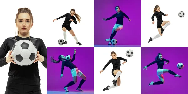 サッカーキットのトレーニングでプロの女性サッカー選手の写真セットは 白と紫の背景に孤立ポーズ スポーツ アクティブおよび健康的なライフスタイルの概念 コラージュ — ストック写真