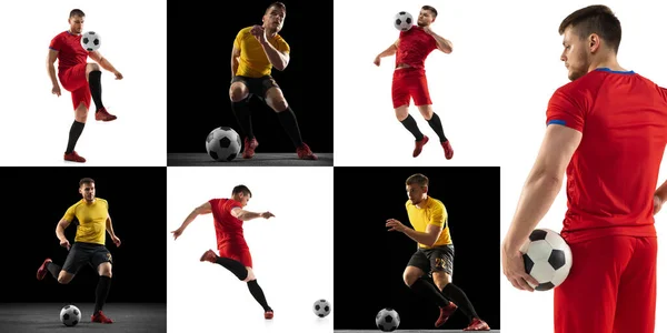 Collage Dynamic Portraits Male Professional Soccer Players Motion Black White — Stock Photo, Image