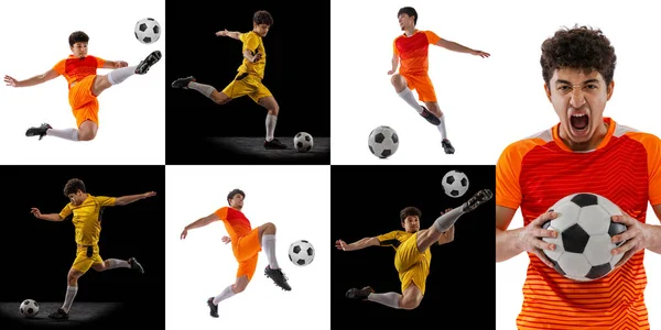 黒と白の背景の上に動きの男性プロサッカー選手のダイナミックな肖像画とコラージュ スポーツ チャンピオンシップ エネルギー チームスポーツ チラシ 広告バナー — ストック写真