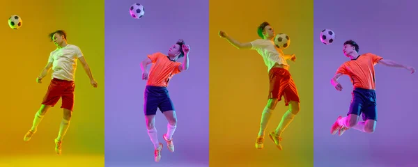 跳啊在霓虹灯下 专业足球运动员在五彩斑斓的背景下运动的动态肖像 锦标赛 足球队比赛 横向传单 广告横幅 — 图库照片