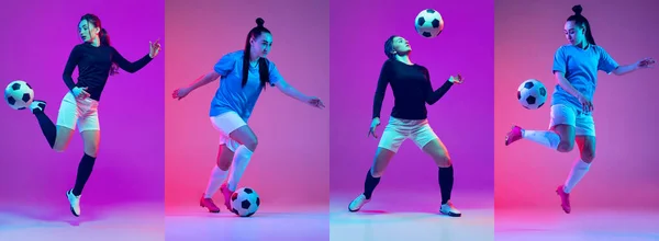 Üstündeyken Genç Bayan Profesyonel Futbolcular Pembe Mor Arka Planda Neon — Stok fotoğraf