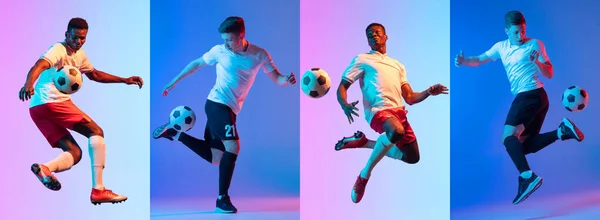 Dryfuje Piłkę Kolaż Dynamicznych Portretów Profesjonalnych Piłkarzy Ruchu Kolorowe Tło — Zdjęcie stockowe