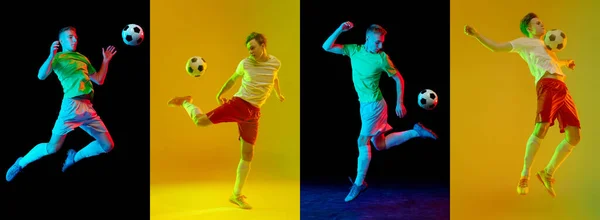 Kolaż Dynamicznych Portretów Profesjonalnych Piłkarzy Ruchu Kolorowe Tło Świetle Neonowym — Zdjęcie stockowe