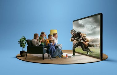 Varlık etkisi. Heyecanlı kızlar ve oğlanlar evlerinde dev bir 3 boyutlu televizyon mankeni önünde oturmuş Amerikan futbol maçının online yayınını izliyorlar. Duygular, şok, sanal gerçeklik