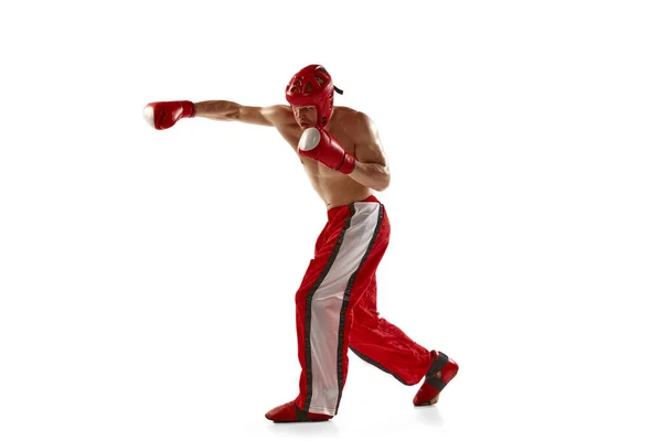 Stoten Jonge Gespierde Atleet Professionele Kickboxer Beschermende Helm Bokshandschoenen Actie — Stockfoto