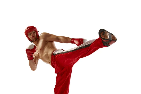 Leg Kick Portrait Young Muscled Athlete Professional Kickboxer Equipment Helmet — Stock Photo, Image