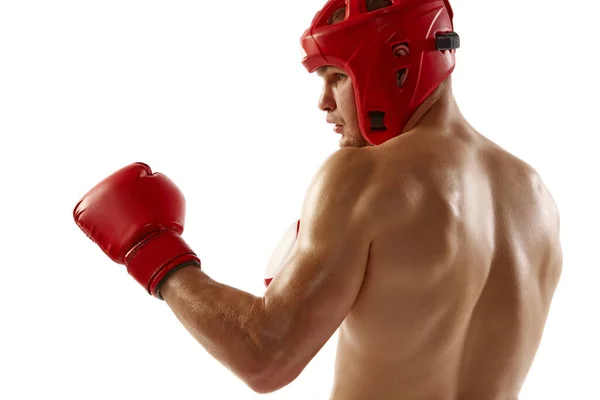 Ponche Jovem Atleta Musculado Kickboxer Profissional Capacete Proteção Luvas Boxe — Fotografia de Stock