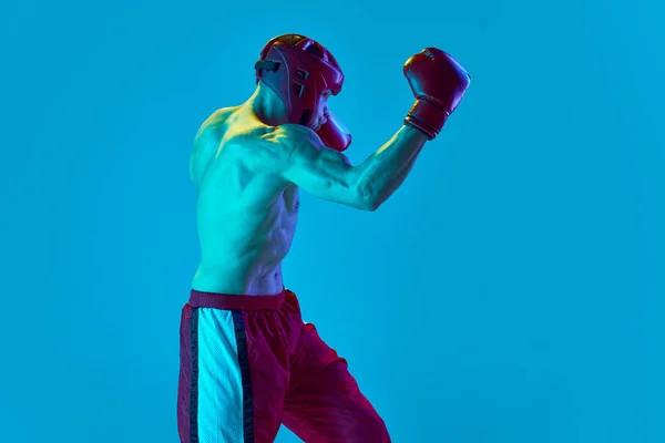 Energetic Workout Professional Athlete Kickboxer Helmet Gloves Training Isolated Blue — Stock Photo, Image
