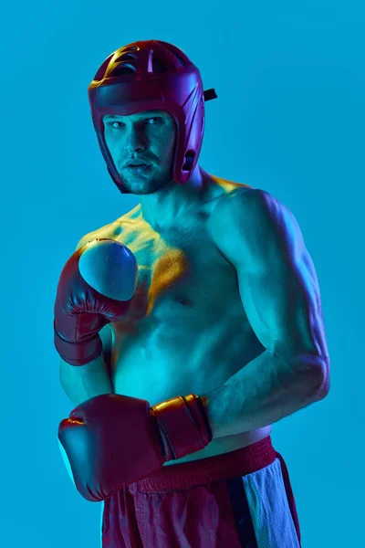 Energetic Workout Professional Athlete Kickboxer Helmet Gloves Training Isolated Blue — Stock Photo, Image