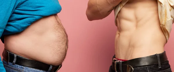 Fitness against fast food eating. Cropped image of male body. Models show their bellies before and after losing weight. Comparison before and after, concept of healthy eating, active lifestyle.