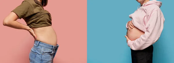 Pregnancy Overweight Cropped Image Male Female Body Pink Blue Background — Stock Photo, Image