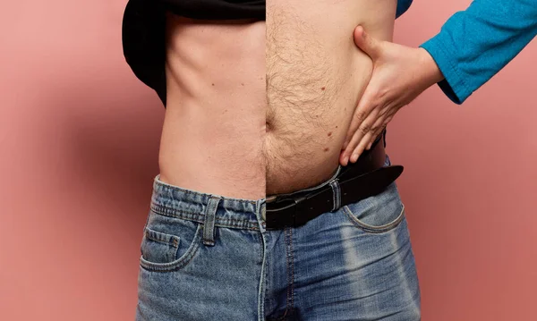 ファーストフードの食事に対するフィットネス 男性2人の腹と複合画像 スリムで太りすぎ モデルは重量を失った前後の腹を示す 健康的な食生活 アクティブなライフスタイルの概念 — ストック写真