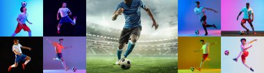 Farklı profesyonel erkek sporcuların, futbol oyuncularının hareket halindeki görüntülerinden oluşan kolaj, neon ışıkta çok renkli arka planda izole edilmiş. El ilanı, poster. Reklam kavramı