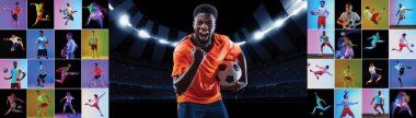 Farklı profesyonel erkek sporcuların, futbol oyuncularının hareket halindeki görüntülerinden oluşan kolaj, neon ışıkta çok renkli arka planda izole edilmiş. El ilanı, poster. Reklam kavramı