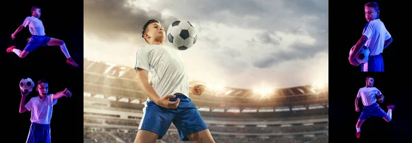野球場でサッカーをしている少年 ネオンで暗い背景に若いジュニアサッカー選手の肖像画とコラージュ スポーツ チャンピオンシップ スキルの概念 — ストック写真