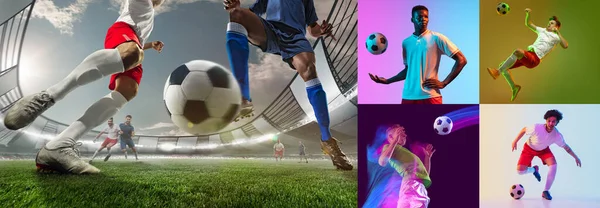 Siegergefühle Multiethnische Fußballprofis Fußballtrikots Bewegung Mit Ball Vor Buntem Hintergrund — Stockfoto