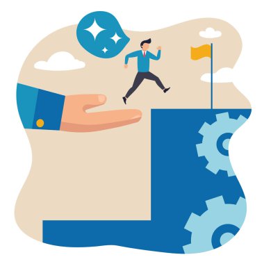 Akıl hocalığı. Çalışanla vektör çizimi, iş adamı hedefine yaklaşıyor. İş kavramı, kariyer geliştirme, ortaklık, problem çözme, yenilikçi iş yaklaşımı, destek