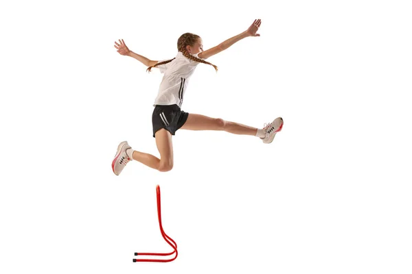 Dynamiczny Portret Małej Dziewczynki Profesjonalnego Sportowca Biegacza Biegacza Treningu Wieży — Zdjęcie stockowe
