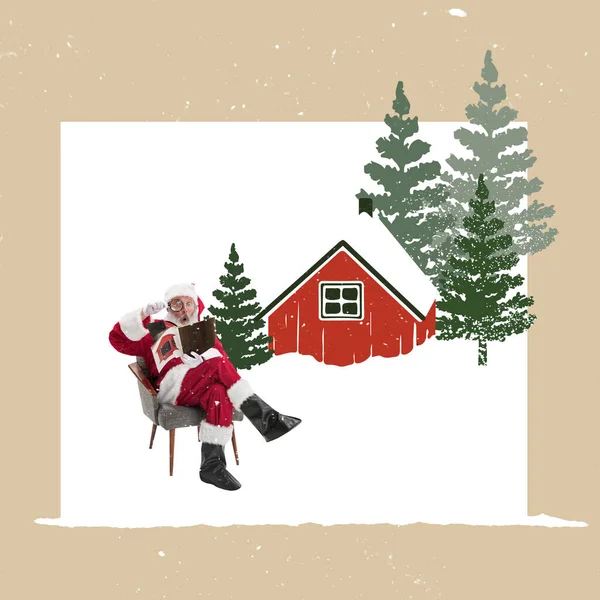 当代艺术拼贴 创意设计 圣诞老人坐在房子旁边 看孩子们的信 圣诞节 创意的概念 明信片设计 — 图库照片
