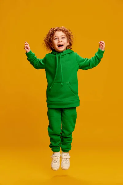 Portrait Cute Little Girl Child Curly Red Hair Posing Jumping — Stock Photo, Image