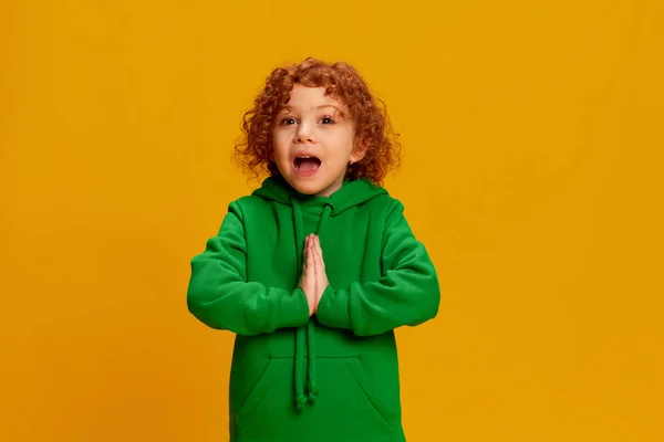 Portrait Cute Little Girl Child Curly Red Hair Emotionally Posing — Stock Photo, Image