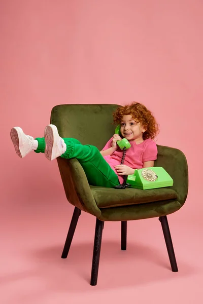 Portrait Cute Little Girl Child Curly Red Hair Sitting Chair — Stock Photo, Image