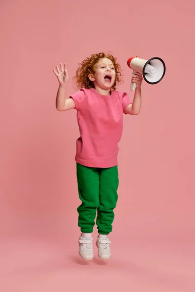 Cute Little Girl Child Curly Red Hair Posingm Shouting Megaphone — Stock Photo, Image
